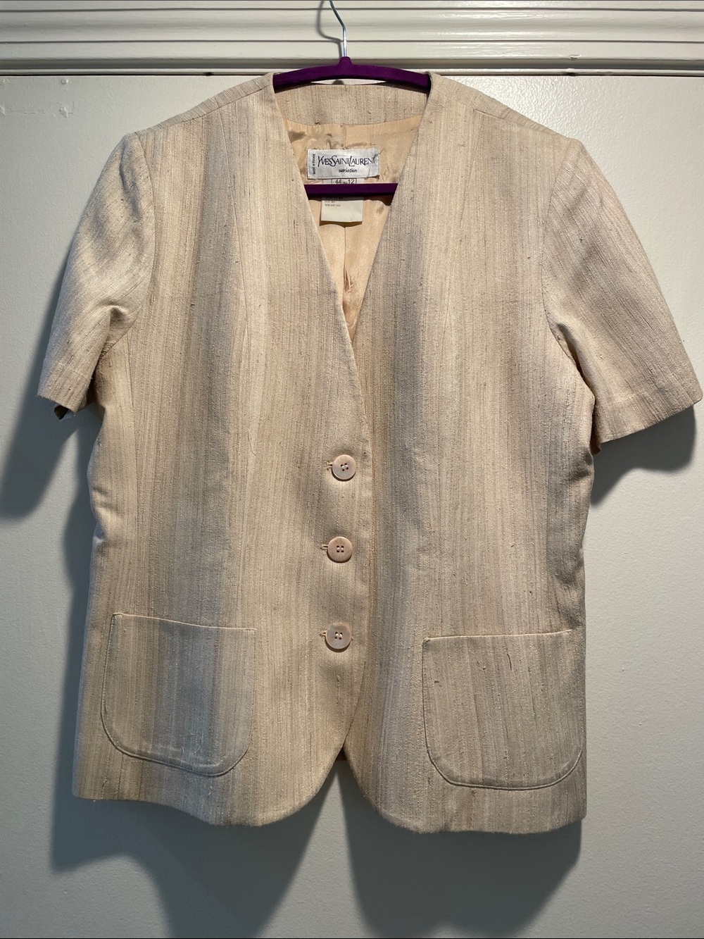 Yves Saint Laurent Cream Short-Sleeve Silk V-Neck Button Jacket